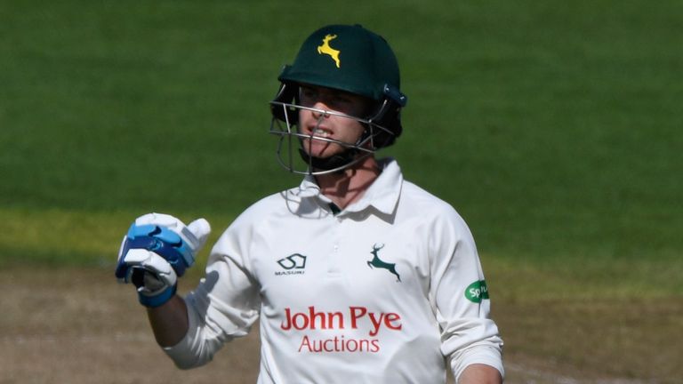 Notts batsman Jake Libby celebrates his century during the Specsavers County Championship Divsion Two match at Glamorgan