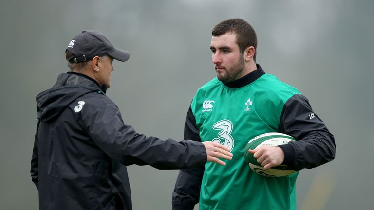 Ireland Rugby Squad Training, Carton House, Co. Kildare 10/2/2015.Head coach Joe Schmidt with James Cronin.Mandatory Credit ..INPHO/Dan Sheridan