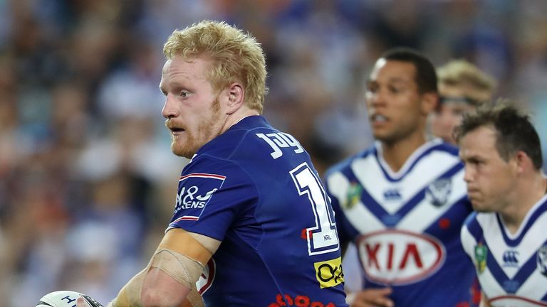 James Graham of the Bulldogs runs the ball 