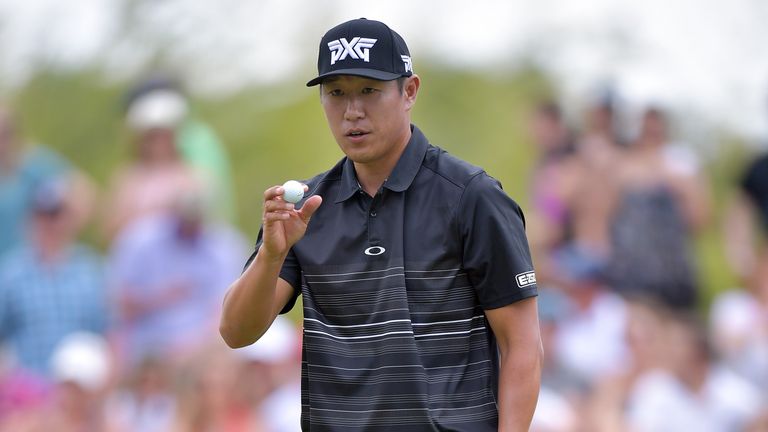 IRVING, TX - MAY 21:  James Hahn waves to the gallery after a par putt on the eighth green during the Final Round of the AT&T Byron Nelson at the TPC Four 