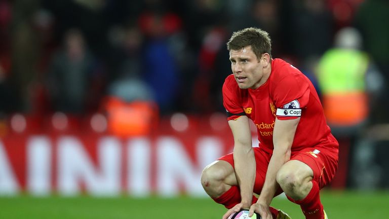 LIVERPOOL, ENGLAND - APRIL 05: James Milner of Liverpool looks dejected after the Premier League match between Liverpool and AFC Bournemouth at Anfield on 