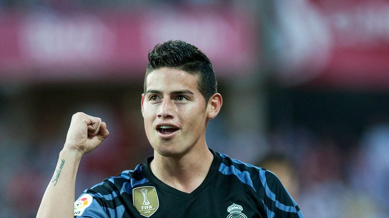 James Rodriguez celebrates after scoring during the La Liga match against Granada on May 6