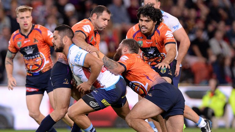 MAY 13 2017: Jarryd Hayne of the Titans attempts to break through the defence during the match between the Melbourne Storm and the Gold Coast Titans