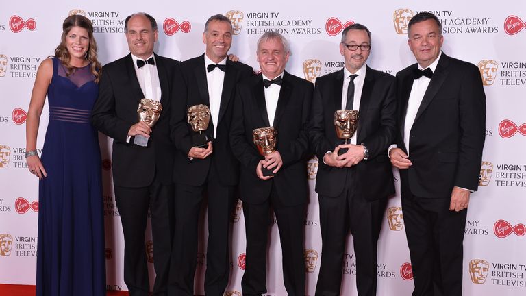 LONDON, ENGLAND - MAY 14:   (2L to R) Jason Wessely, Jim Storey, Hoddy Wood, Mike Allen and Stuart Cook, winners of the Sport award for 'The Open', pose in