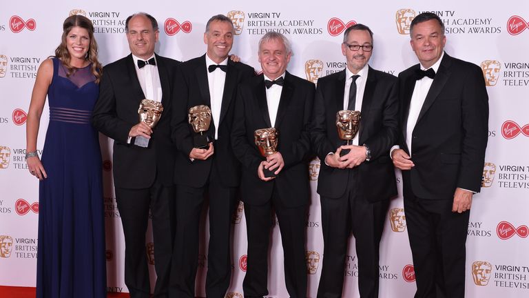 LONDON, ENGLAND - MAY 14:   (2L to R) Jason Wessely, Jim Storey, Hoddy Wood, Mike Allen and Stuart Cook, winners of the Sport award for 'The Open', pose in