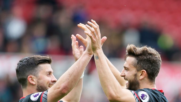Jay Rodriguez is congratulated by team-mate Shane Long after giving Southampton the lead