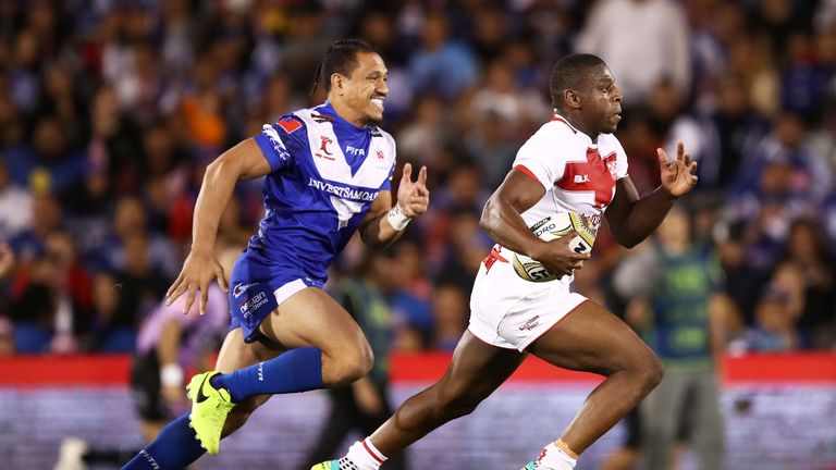 SYDNEY - MAY 06 2017: Jermaine McGillvary of England runs the ball  during the 2017 Pacific Test Invitational match between England and Samoa