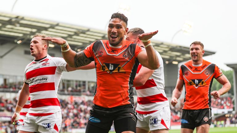 29/05/2017 - Centurions v  Tigers - Leigh Sports Village, Leigh , England - Jesse Sene-Lefao of Castleford Tigers celebrates scoring the 1st try