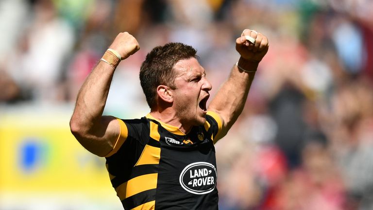 Jimmy Gopperth of Wasps celebrates scoring his side's first try during the Aviva Premiership Final between Wasps and Exeter Chiefs