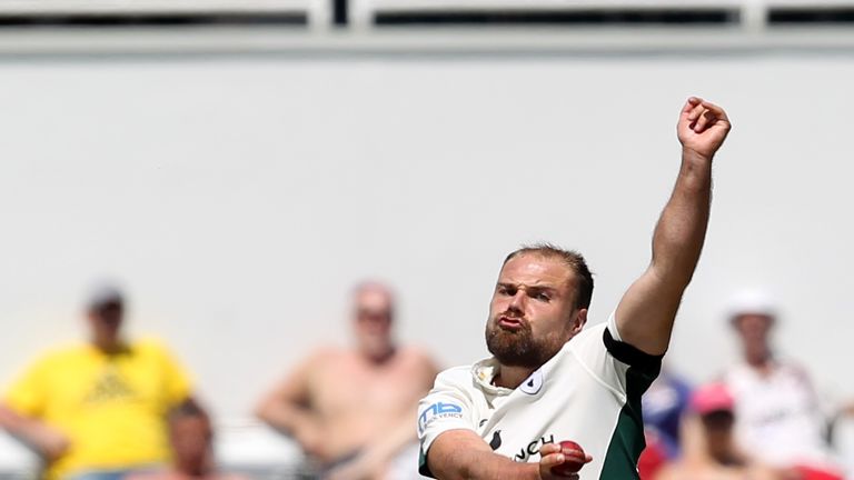 Joe Leach bowls during the Specsavers County Championship Division Two match between Northamptonshire and Worcestershire