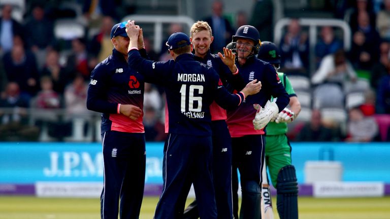 Joe Root celebrates with his teammates after dismissing Ed Joyce of Ireland during the Royal London ODI match