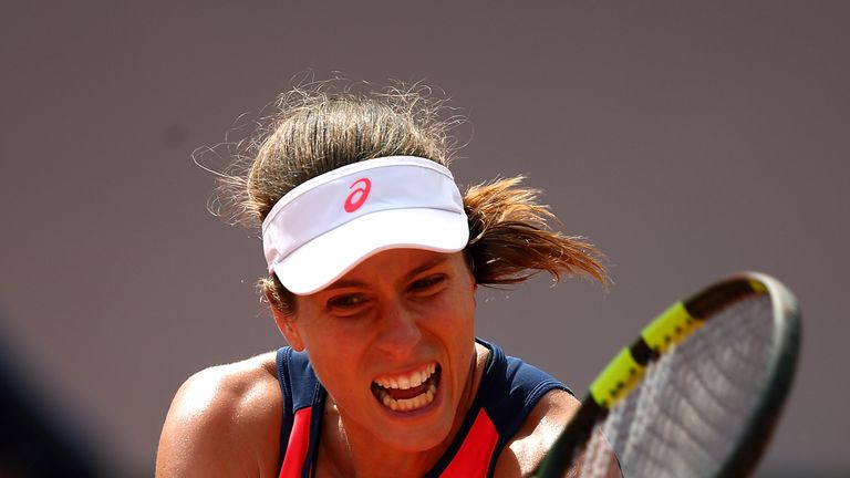 PARIS, FRANCE - MAY 30:  Johanna Konta of Great Britain hits a backhand during the first round match against Su-Wei Hsieh of Taipei on day three of the 201