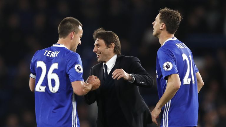 Antonio Conte congratulates captain John Terry after Chelsea's win over Boro