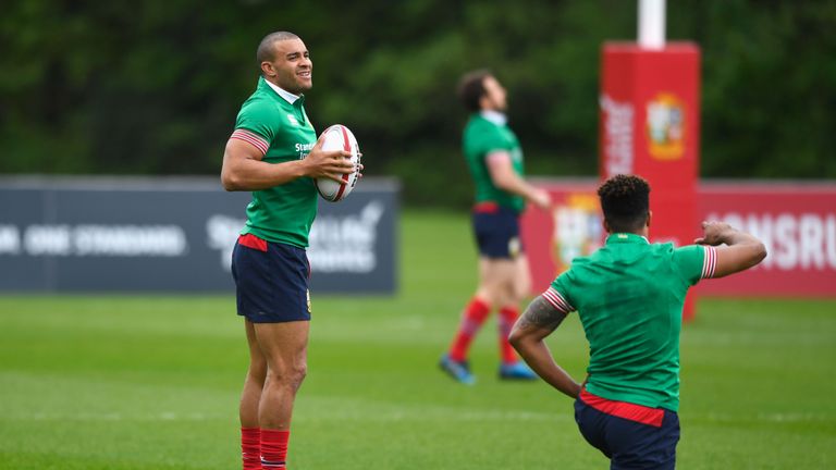 CARDIFF, WALES - MAY 15:  Jonathan Joseph looks on with Anthony Watson during a British and Irish Lions training session at Vale of Glamorgan on May 15, 20