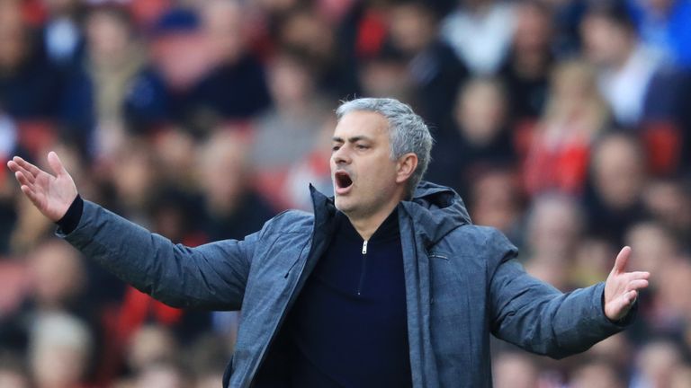 Jose Mourinho reacts during the Premier League match between Arsenal and Manchester United 