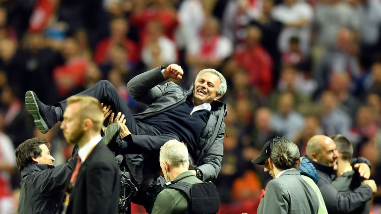 United manager Jose Mourinho celebrates at the end of the Europa League final