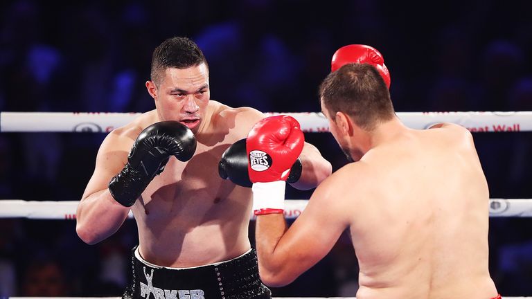AUCKLAND, NEW ZEALAND - MAY 06:  Joseph Parker of New Zealand fights Razvan Cojanu of Romania for the WBO Heavyweight Title at Vodafone Events Centre on Ma