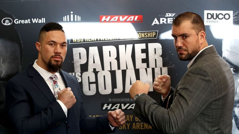 Joseph Parker (L) and Razvan Cojanu pose during a press conference at The Neighbourhood Bar on May 3, 2017 in Auckland, NZ