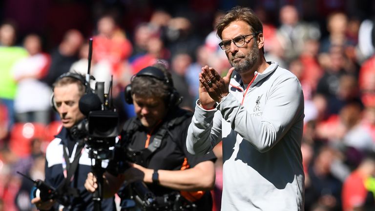 Liverpool manager Jurgen Klopp applauds the fans at Anfield