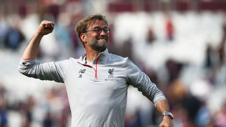 STRATFORD, ENGLAND - MAY 14: Jurgen Klopp, Manager of Liverpool celebrates after the Premier League match between West Ham United and Liverpool at London S