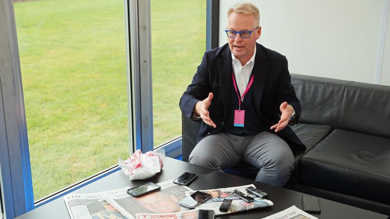 ST ALBANS, ENGLAND - MAY 05:  Keith Pelley, Chief Executive of The European Tour, talks to the media during the Pro Am event prior to the start of GolfSixe