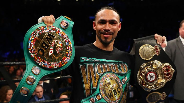 Keith Thurman celebrates his split decision win against Danny Garcia after their WBA/WBC Welterweight unification Championship bout