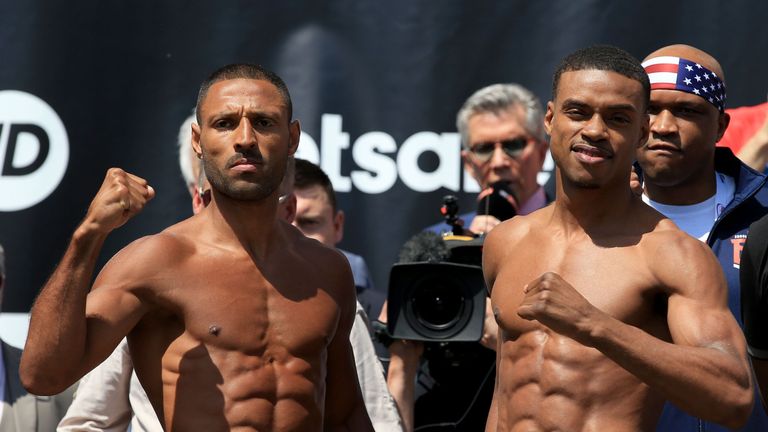 Kell Brook (left) and Errol Spence Jnr during the weigh-in at Sheffield City Hall.