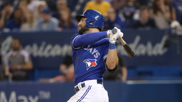 Kevin Pillar #11 of the Toronto Blue Jays hits a double in the ninth inning during MLB game action against the Tampa Bay Rays