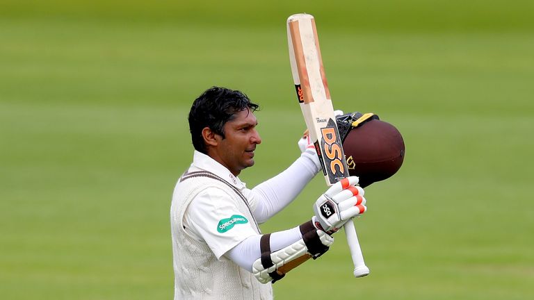 Kumar Sangakkara celebrates his century during the Specsavers County Championship Division One match between Middlesex