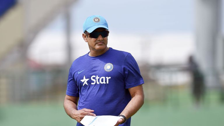 Indian cricket team head coach Anil Kumble watches his team before the start of a tour match between India and WICB President's XI squad at the Warner Park