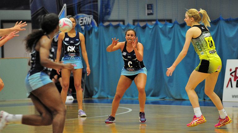 Action from the Superleague netball match between Severn Stars and Manchester Thunder at the University Arena, Hylton Road, 