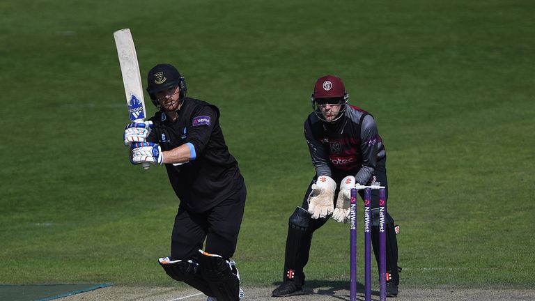 HOVE, ENGLAND - MARCH 27:  Laurie Evans of Sussex in action during a pre season friendly between Sussex and Somerset at The 1st Central County Ground on Ma