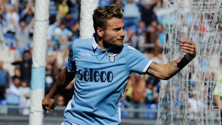 Ciro Immobile of SS Lazio celebrates a seventh with his team mates.