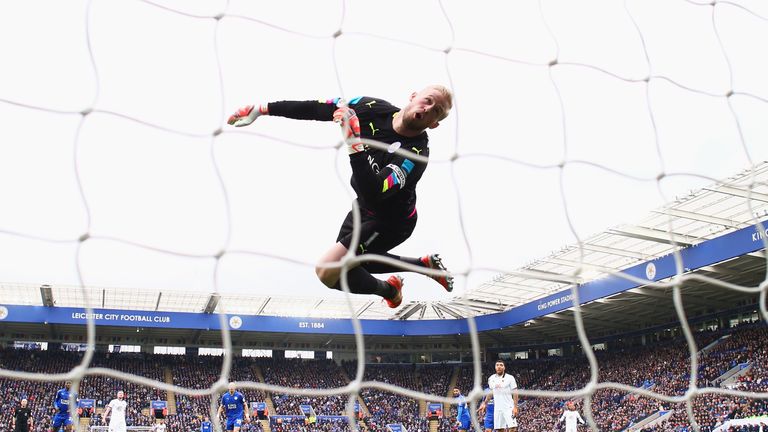 LEICESTER, ENGLAND - MAY 06: Kasper Schmeichel of Leicester City makes a save during the Premier League match between Leicester City and Watford at The Kin