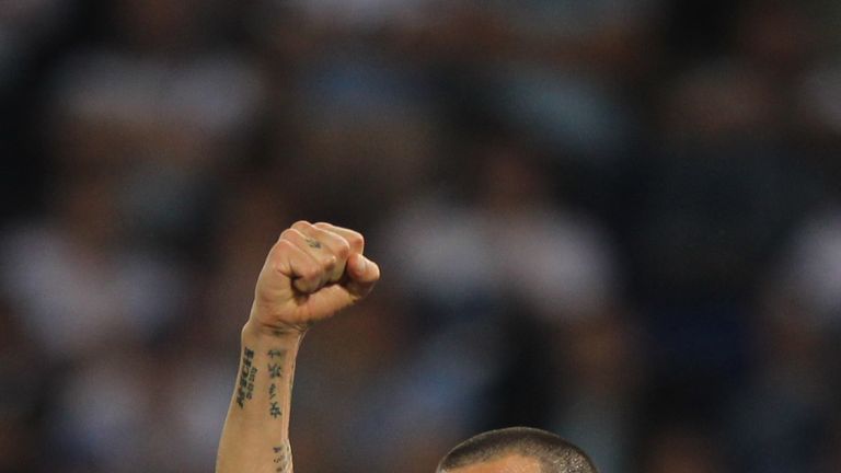 Leonardo Bonucci of Juventus FC celebrates after scoring the team's second goal during the Coppa Italia final v SS Lazio