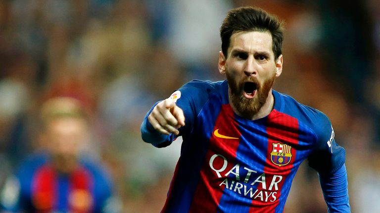 Lionel Messi celebrates after scoring the winning goal against Real Madrid at the Santiago Bernabeu stadium