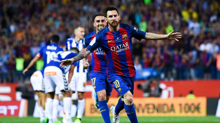 Lionel Messi of FC Barcelona celebrates after scoring his team's first goal during the Copa Del Rey Final between FC Barcelona and Alaves