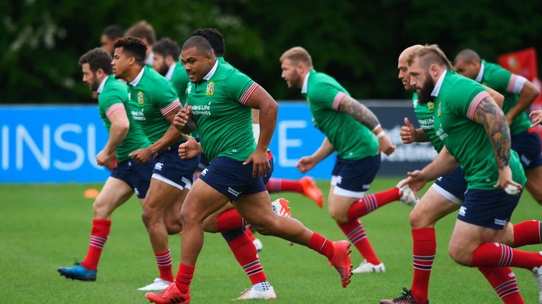 Members of the British and Irish Lions squad are put through their paces