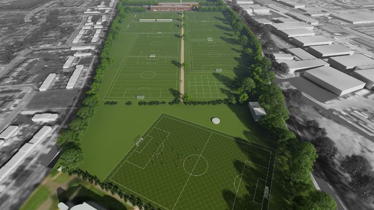Aerial view of proposed development of community pitches adjacent to Liverpool Academy