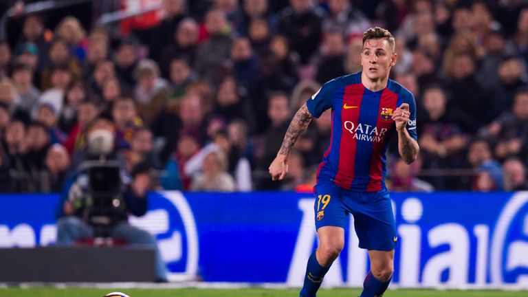 BARCELONA, SPAIN - FEBRUARY 19:  Lucas Digne of FC Barcelona plays the ball during the La Liga match between FC Barcelona and CD Leganes at Camp Nou stadiu