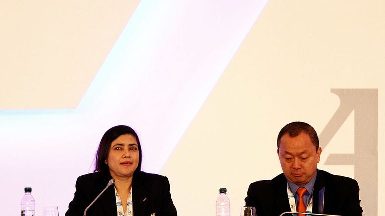 KUALA LUMPUR, MALAYSIA - MAY 02: Mahfuza Akhter Kiron Committee Member of Bangladesh Football Association and Richard Lai Committee Member of Guam Football