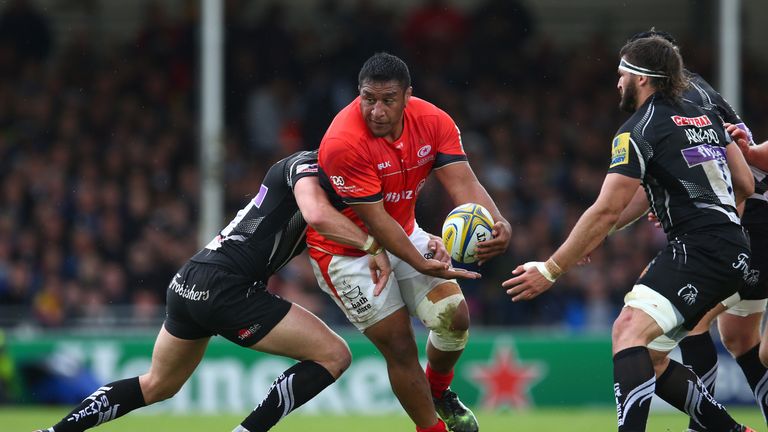 EXETER, ENGLAND - MAY 20:  Mako Vunipola of Saracens looks for support as he is tackled during the Aviva Premiership semi final match between Exeter Chiefs