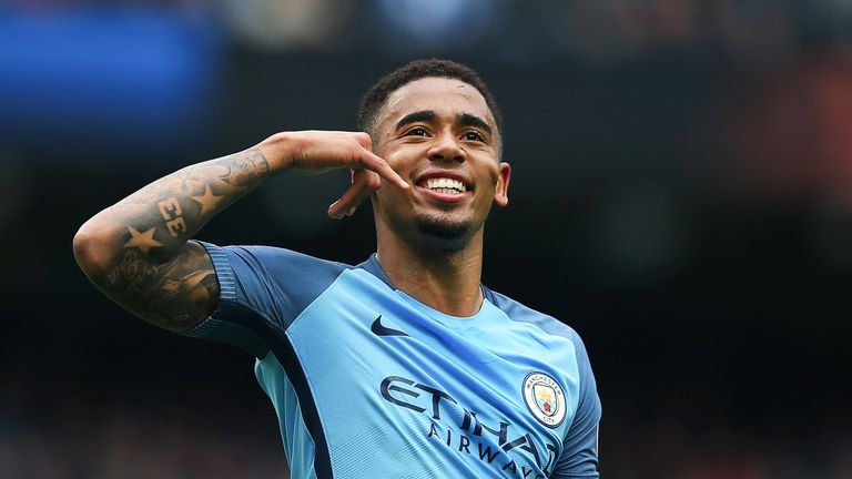 Gabriel Jesus celebrates after giving Manchester City a 2-0 lead from the penalty spot