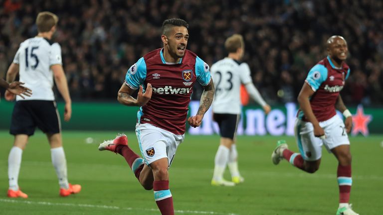 STRATFORD, ENGLAND - MAY 05:  Manuel Lanzini of West Ham United celebrates after scoring the opening goal during the Premier League match between West Ham 