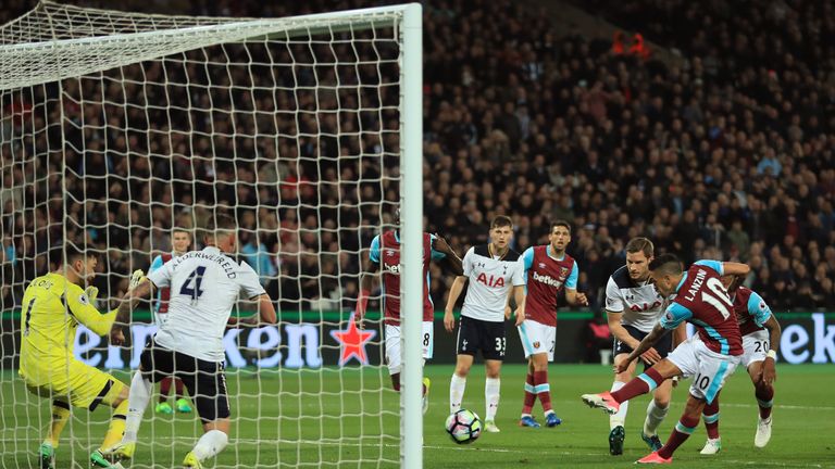 STRATFORD, ENGLAND - MAY 05:  Manuel Lanzini of West Ham United scores the opening goal uring the Premier League match between West Ham United and Tottenha