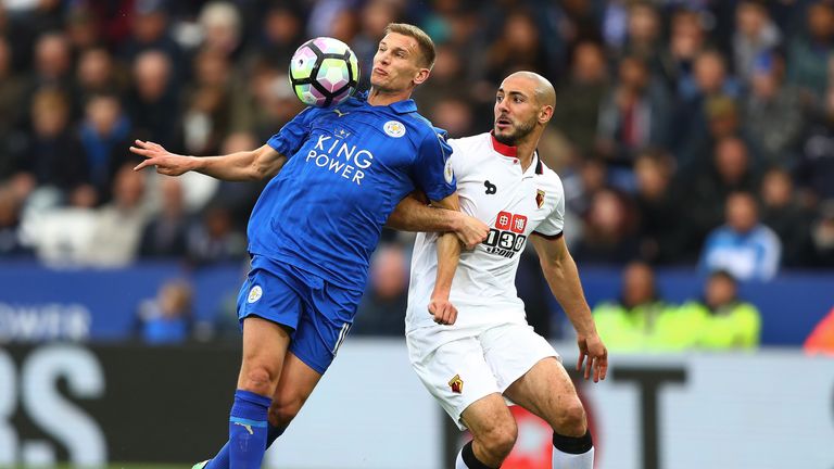 Marc Albrighton and Nordin Amrabat in action at The King Power Stadium