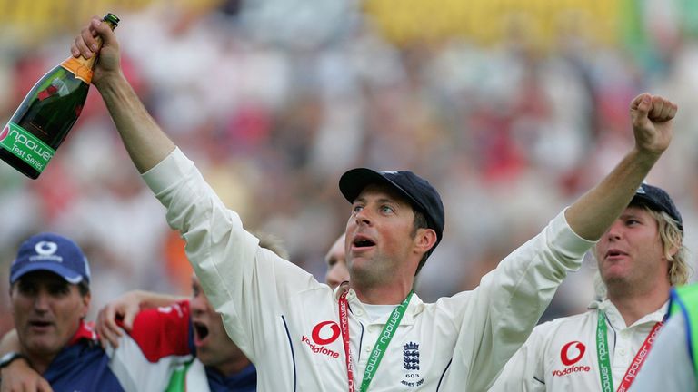 LONDON - SEPTEMBER 12: Marcus Trescothick of England celebrates winning the ashes during day five of the fifth npower Ashes Test match between England and 