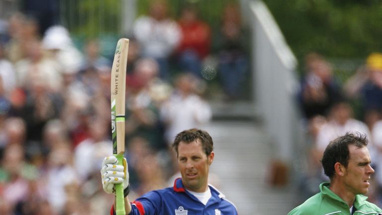 BELFAST, UNITED KINGDOM - JUNE 13:  Marcus Trescothick of England celebrates his century during the One Day International match between Ireland and England