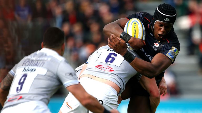 BARNET, ENGLAND - MARCH 26: Saracens Maro Itoje is tackled during the Aviva Premiership match between Saracens and Bath Rugby at Allianz Park on March 26, 