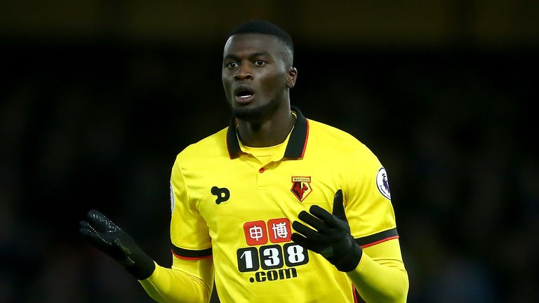 Mbaye Niang of Watford reacts after a missed chance during the Premier League match between Watford and West Ham United